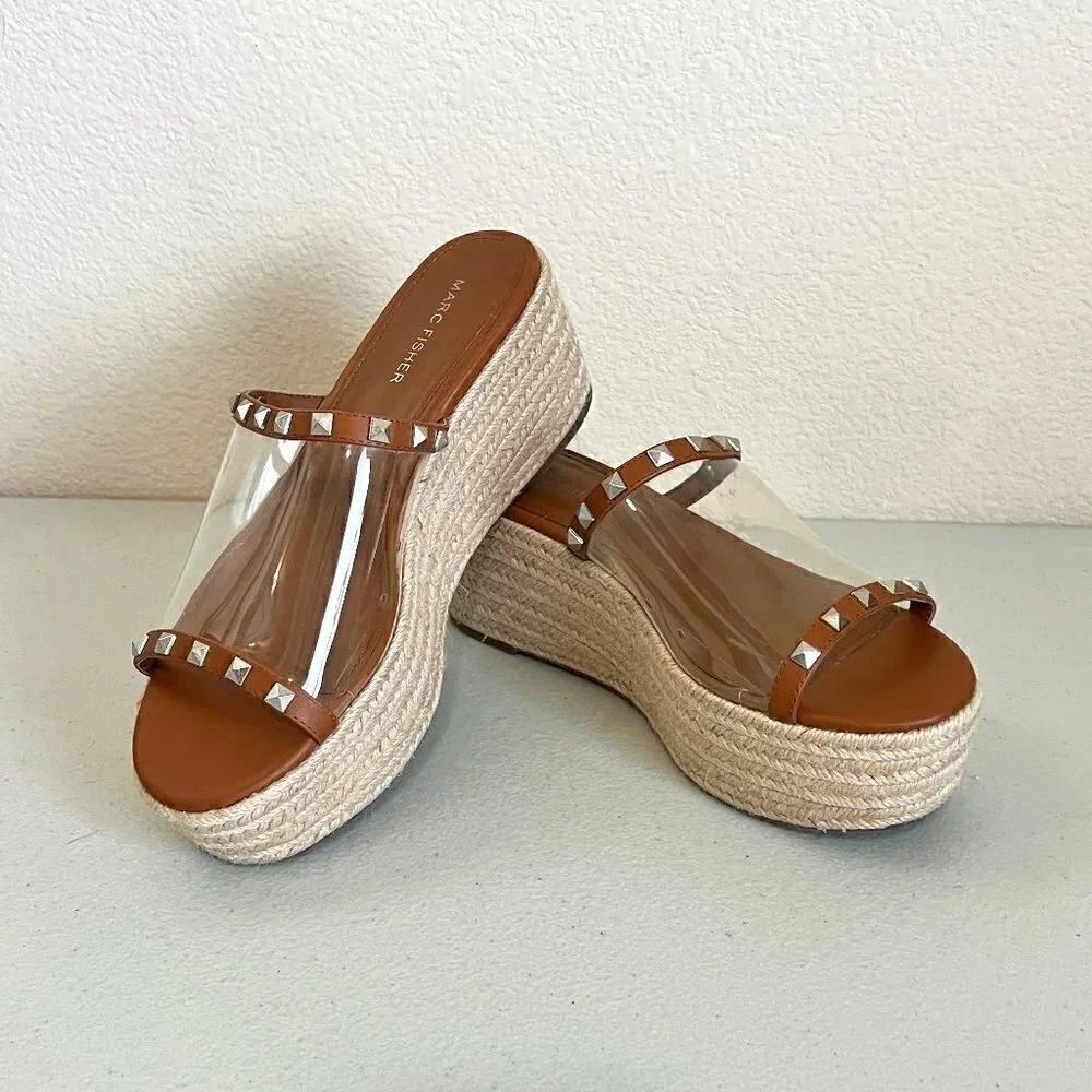 Marc Fisher Womens Leather Studded Espadrille Platform Sandals Brown Size 8 1/2M